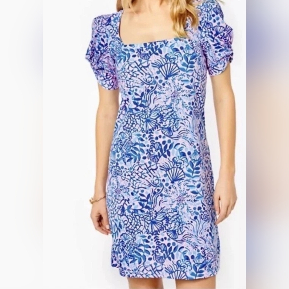 Lilly Pulitzer Haydn Mini Dress Short Puff Sleeve Blue Oceanscape Print Pink